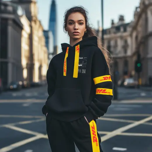 Abbey Road Studios x DHL: black tracksuit with DHL tape stripes on a London street