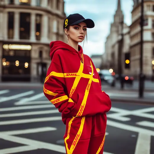 Abbey Road Studios x DHL: red tracksuit with yellow parcel straps on a London street