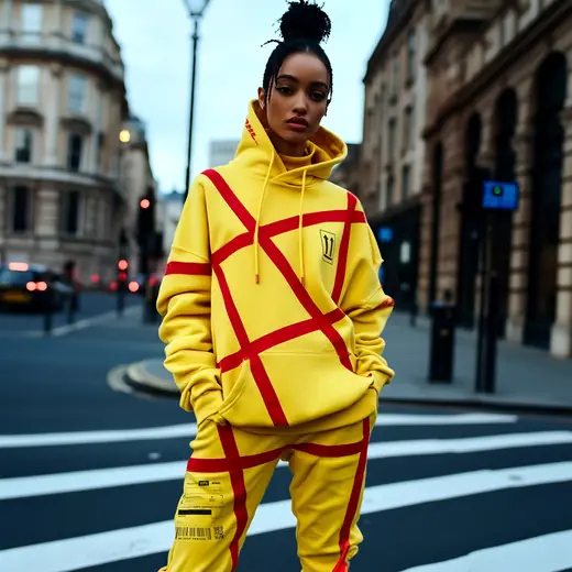 Abbey Road Studios x DHL: yellow tracksuit with red parcel straps on a London street