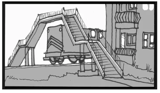 Autumn In My Street: storyboard, footbridge and train