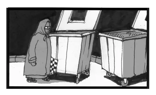 Autumn In My Street: storyboard, hooded figure by the bins