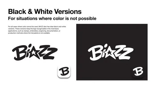 Biazz: the Biazz wordmark and B mark in black and in white