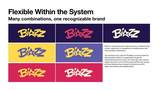 Biazz: six colour pairings of the wordmark