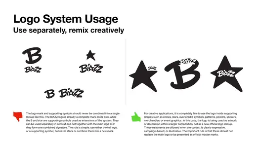 Biazz: logo system usage: B mark, star and wordmark combined