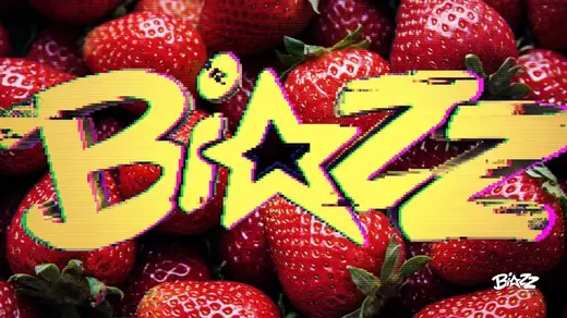 Biazz: the yellow wordmark over a pile of strawberries