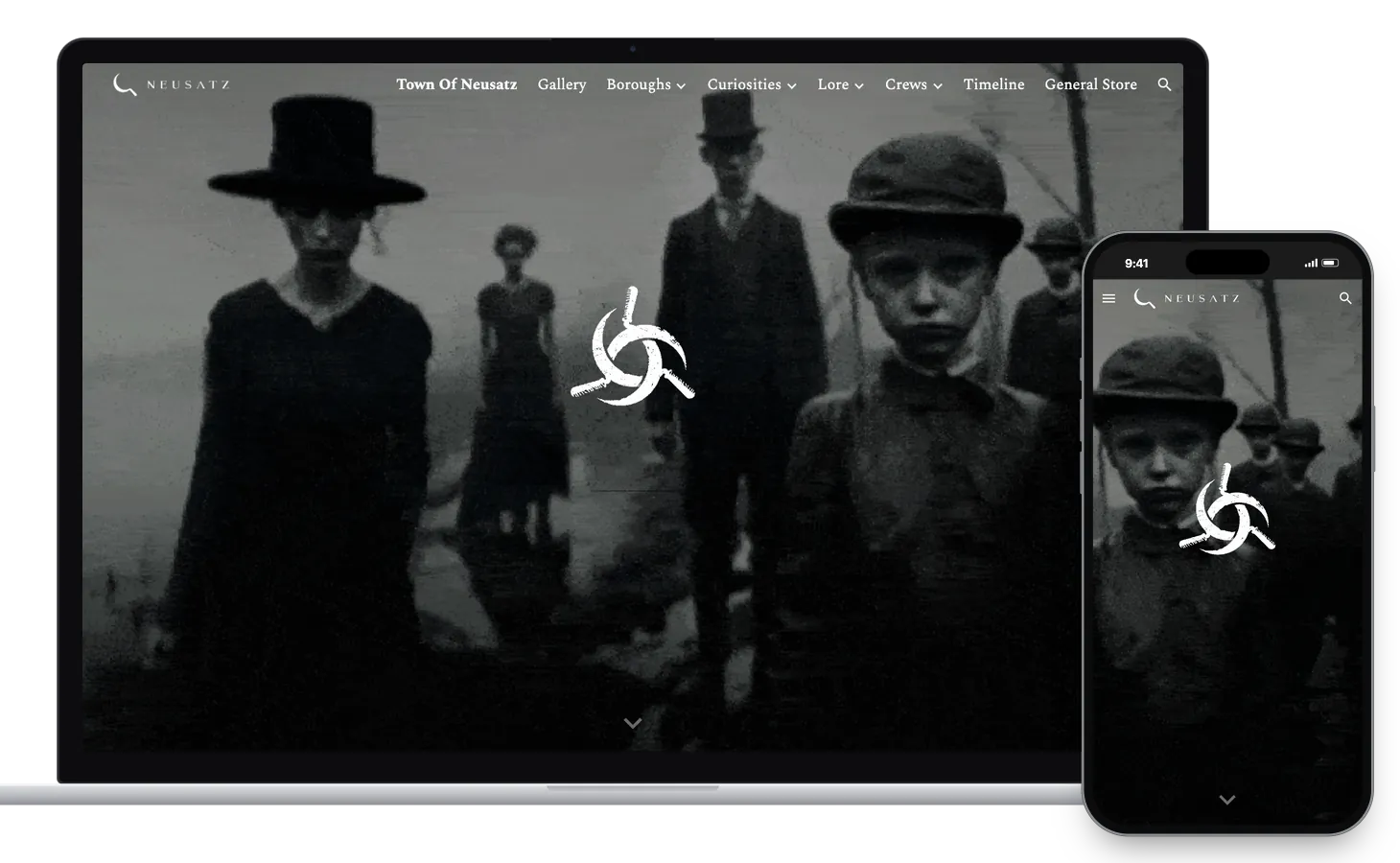 The Neusatz home page on a laptop and on a phone: a black and white scene of children and adults in dark hats standing in fog, with the white Neusatz mark in the centre