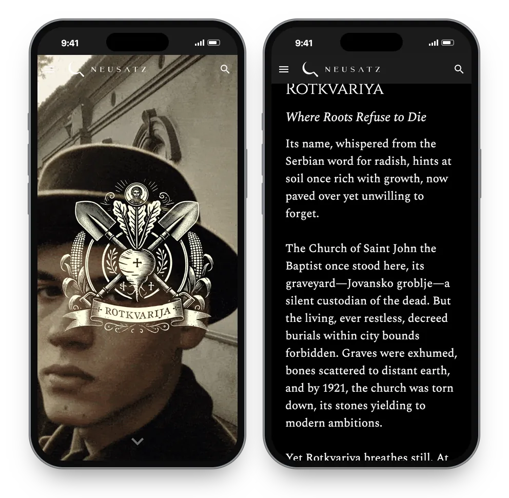 Two phones showing the Rotkvariya page: on one, the borough's crest of crossed shovels and a radish over a photograph of a young man in a hat; on the other, the page's text under the line Where Roots Refuse to Die