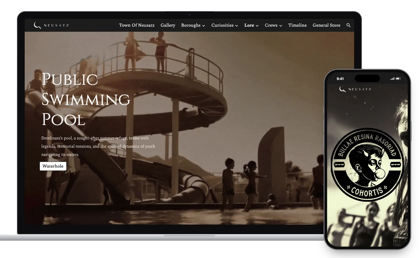 The Public Swimming Pool page of the Lore section on a laptop, a sepia scene of children on a curving waterslide; beside it, a phone with the Bubble Razors badge, a boy with horns blowing a bubblegum bubble inside a ring lettered with the crew's Latin motto