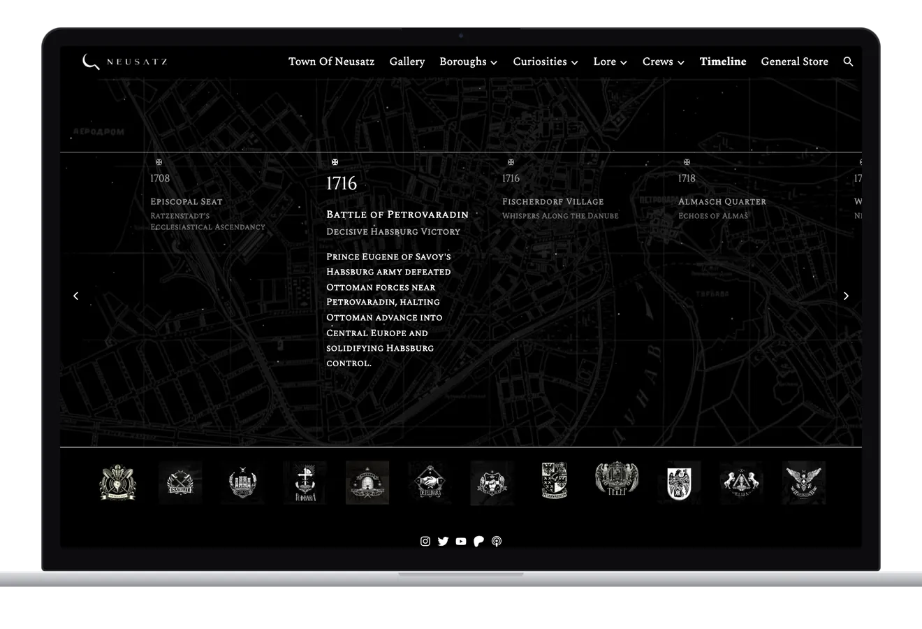 The Timeline on a laptop: a row of dated entries over a dark street map of the city, with the 1716 Battle of Petrovaradin open, and the strip of twelve crests below