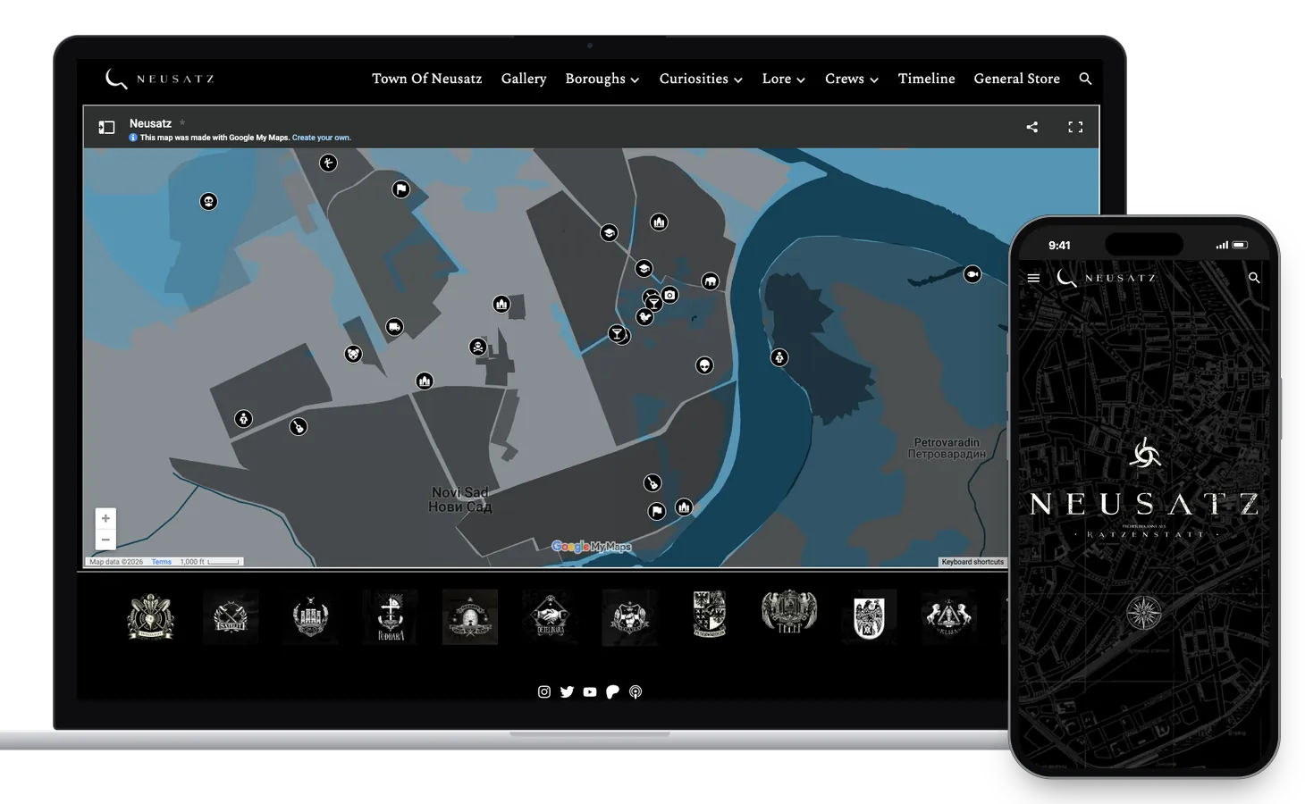 The Map of Neusatz on a laptop, with borough areas and pins over central Novi Sad and Petrovaradin; beside it, a phone with the title Neusatz, früher bekannt als Ratzenstatt, over a dark street map with a compass