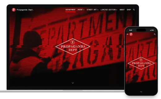The Propaganda Department home page on a laptop and on a phone: a red, scan-lined animation behind the studio's white diamond mark, which reads Propaganda Dept.