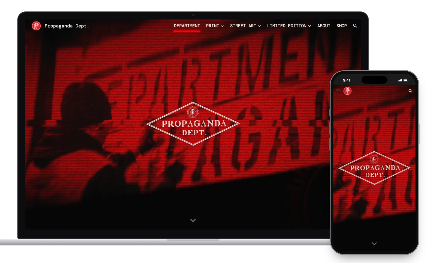 The Propaganda Department home page on a laptop and on a phone: a red, scan-lined animation behind the studio's white diamond mark, which reads Propaganda Dept.