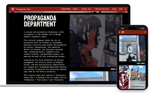 The About page on a laptop and on a phone: the studio's description beside a photograph of a poster wall in Berlin; on the phone, a Propaganda Department sticker on a post near the Arc de Triomphe in Paris, and another in Amsterdam