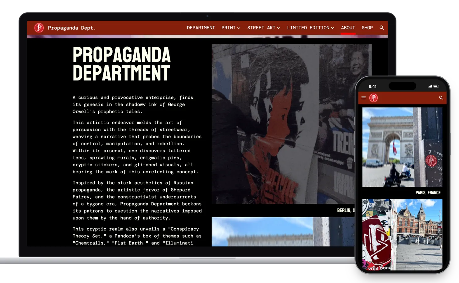 The About page on a laptop and on a phone: the studio's description beside a photograph of a poster wall in Berlin; on the phone, a Propaganda Department sticker on a post near the Arc de Triomphe in Paris, and another in Amsterdam