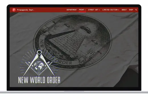 The Print page on a laptop, scrolled: one design per screen, from New World Order on a grey T-shirt, In the Sign of the Octopus as a framed red print, Ministry of Truth on a T-shirt and Trust the Media on a red hoodie, to Chemtrails, bombers trailing plumes on red