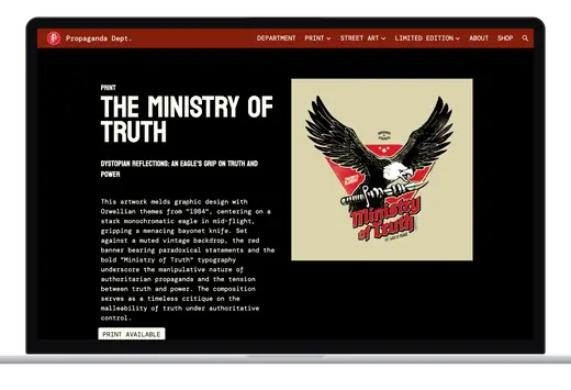 The Ministry of Truth print page on a laptop: the title and the story of the design beside the artwork, a black eagle gripping a bayonet over a red triangle, lettered Ministry of Truth