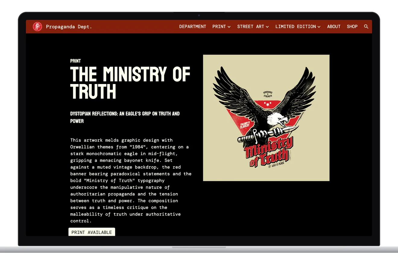 The Ministry of Truth print page on a laptop: the title and the story of the design beside the artwork, a black eagle gripping a bayonet over a red triangle, lettered Ministry of Truth
