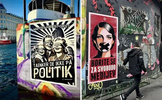 Two street photographs: a black and white poster of a smiling family in blindfolds, lettered in Danish, on a wall by the water in Nyhavn; and a red poster of a woman with her mouth taped shut, lettered Borite se za svobodo medijev, on a graffiti-covered wall in Ljubljana as a man walks past