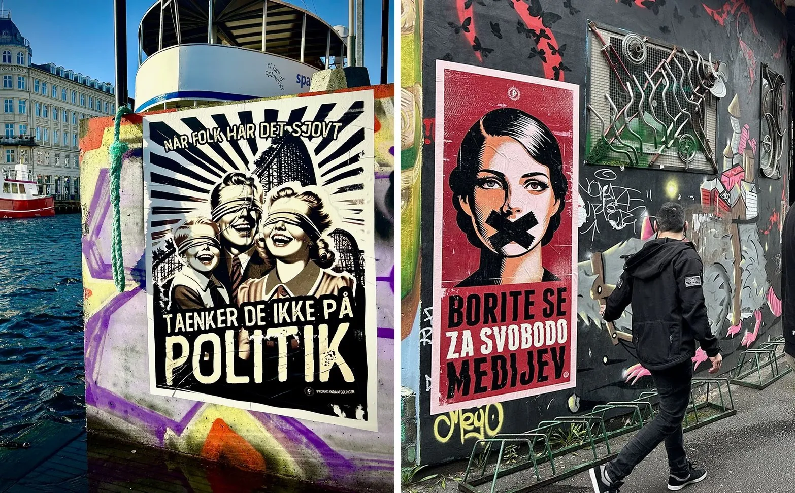 Two street photographs: a black and white poster of a smiling family in blindfolds, lettered in Danish, on a wall by the water in Nyhavn; and a red poster of a woman with her mouth taped shut, lettered Borite se za svobodo medijev, on a graffiti-covered wall in Ljubljana as a man walks past