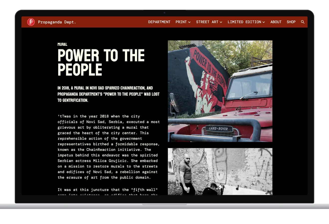 The Power To The People page on a laptop: the title and its story beside two photographs, the red and black mural behind an old red Land Rover, and the crew at the wall in black and white