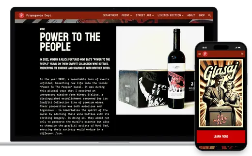 The Power To The People wine page on a laptop: a bottle and its box carrying the mural's two figures and red banner; beside it, a phone with the Vote poster, a couple in 1950s dress casting ballots under the word Glasaj, above the line Za manje zlo
