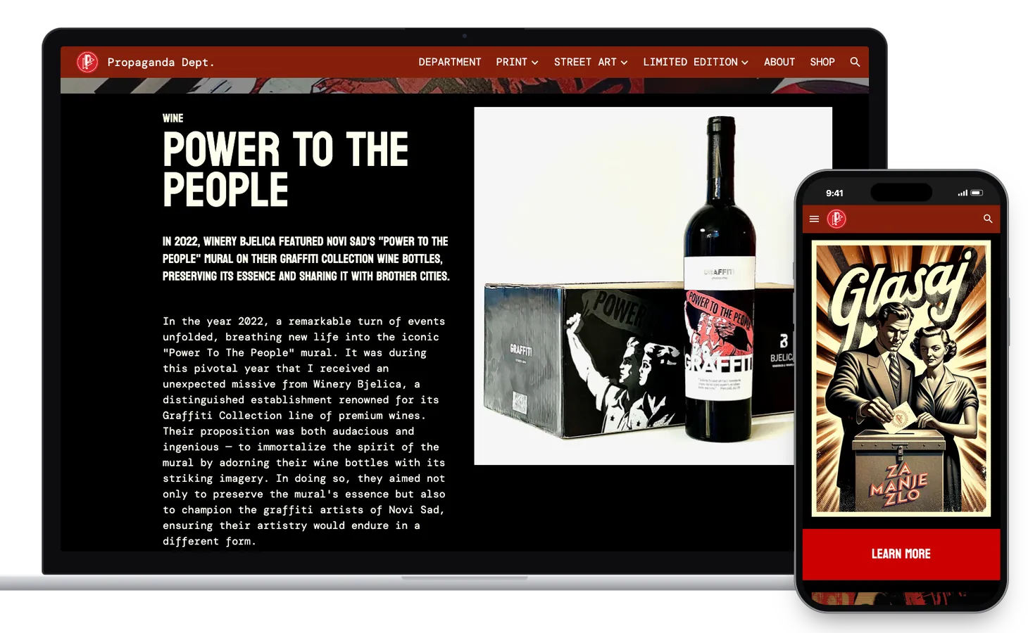 The Power To The People wine page on a laptop: a bottle and its box carrying the mural's two figures and red banner; beside it, a phone with the Vote poster, a couple in 1950s dress casting ballots under the word Glasaj, above the line Za manje zlo
