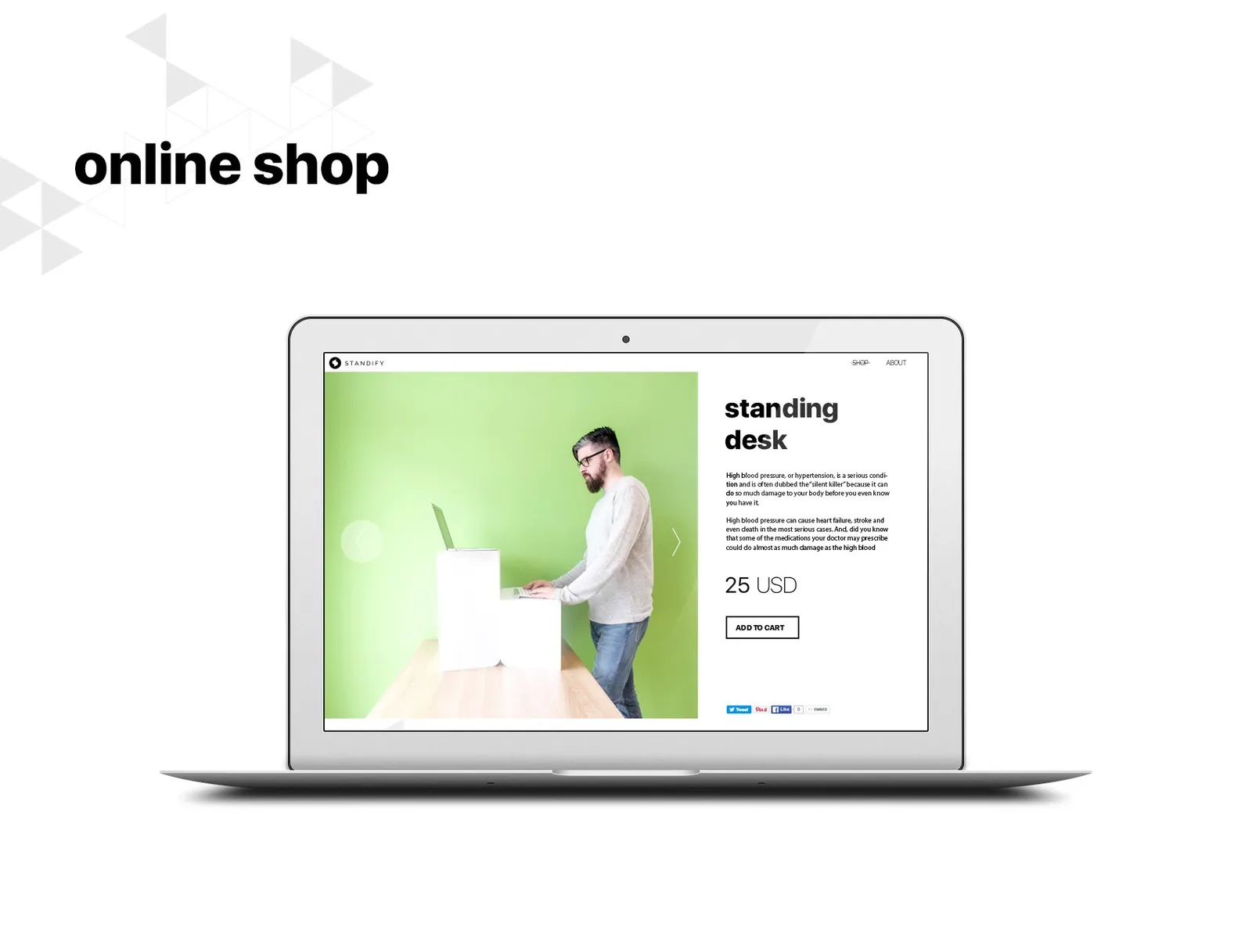 Standify online shop on a laptop showing the standing desk product page