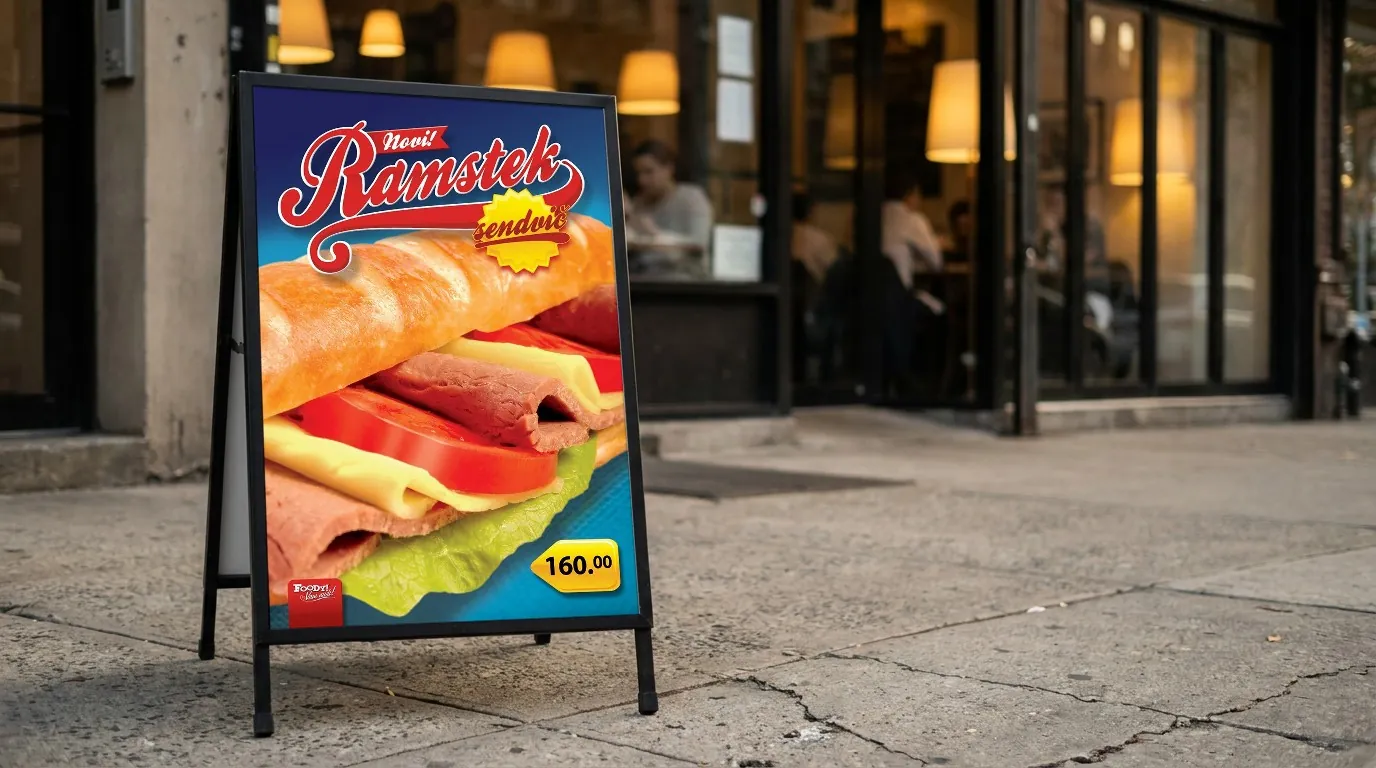 Foody! Restaurants: the Ramstek sandwich poster in an A-frame sign on the pavement outside a restaurant