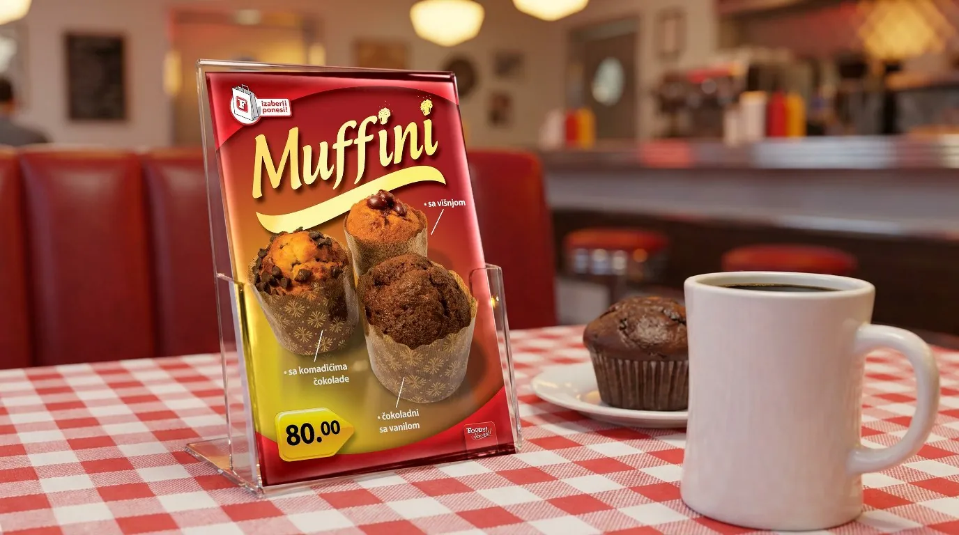 Foody! Restaurants: the Muffini menu card, with three muffins and the 80.00 price, in a clear acrylic table stand on a red and white checked tablecloth in a diner, a mug of black coffee and a chocolate muffin beside it