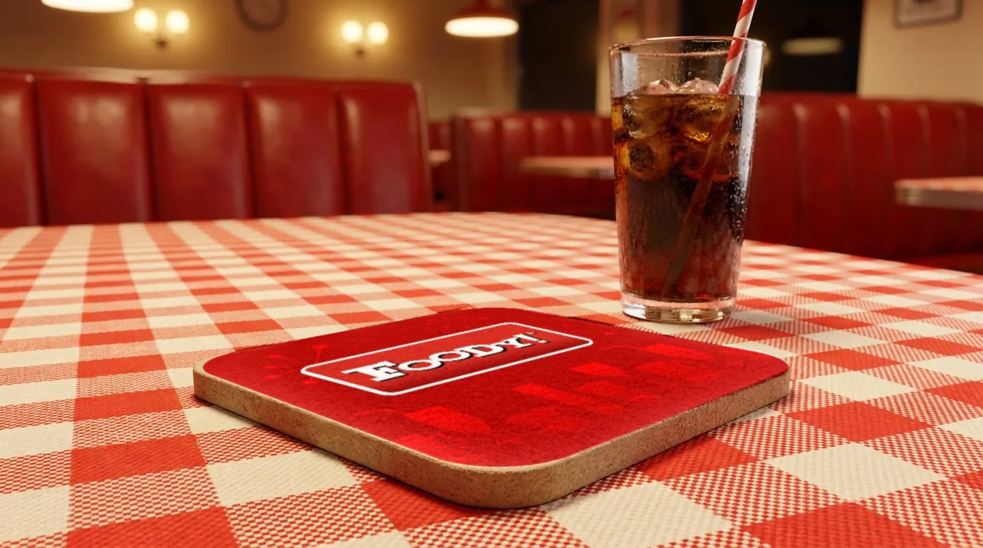 Foody! Restaurants: the red Foody! coaster, with its retro glasses and the Foody! sign, printed on a square pulpboard coaster on a red and white checked tablecloth in a diner, a glass of cola with ice beside it