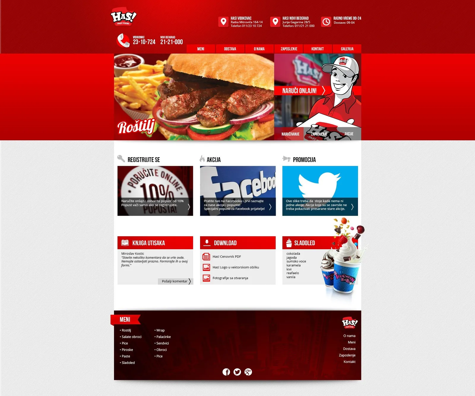 Has! Fast Food: website home page with a grilled meat sandwich, a cartoon delivery man in a Has! cap and the order online button