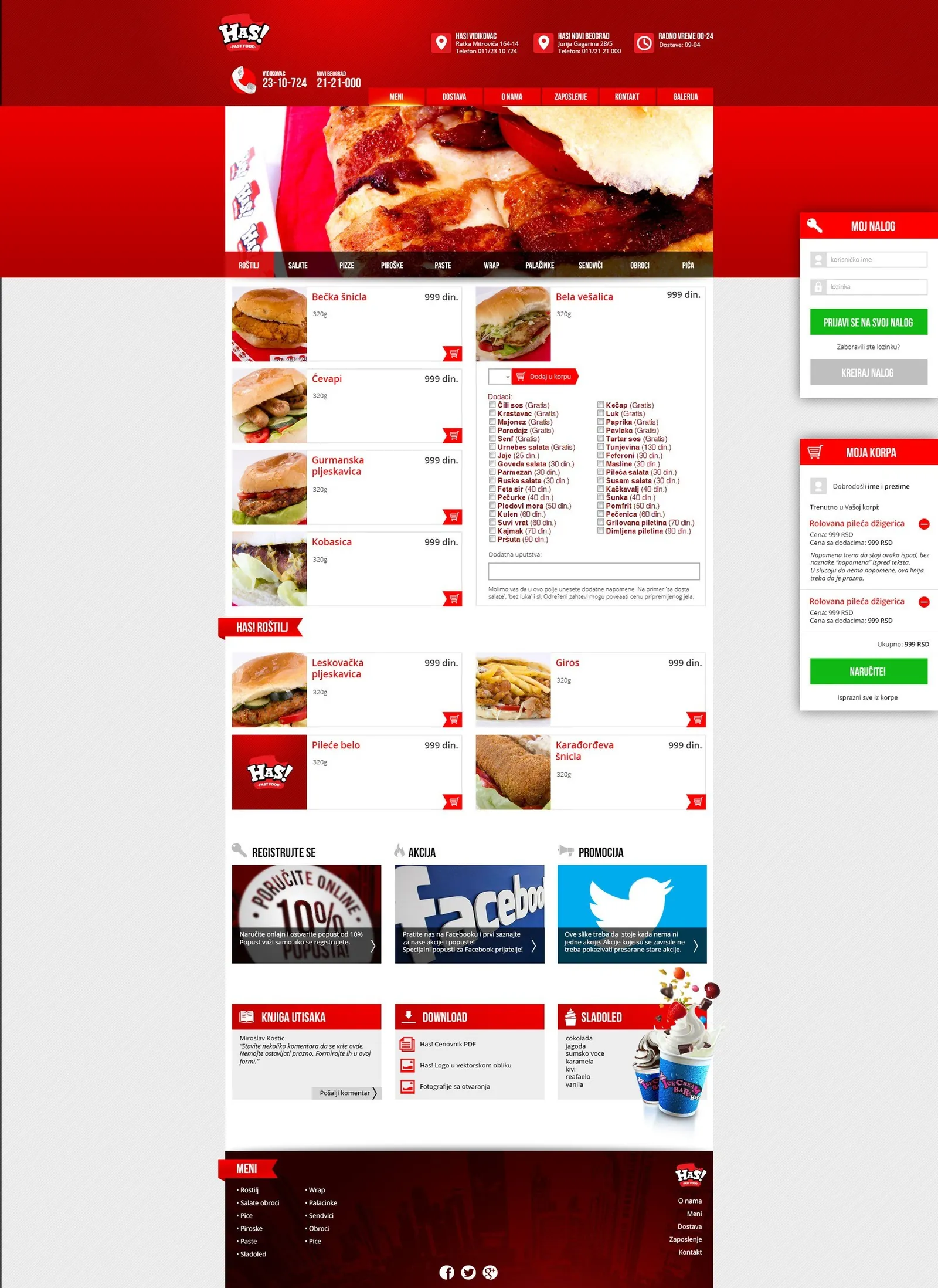 Has! Fast Food: website menu page with burgers, prices and an order form at the side