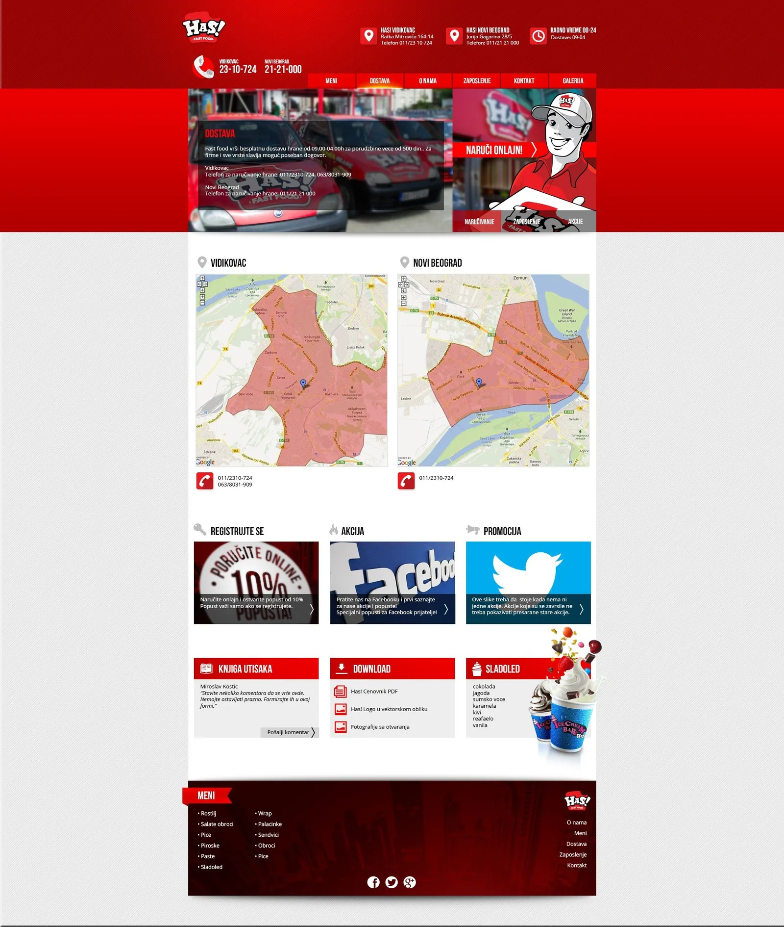 Has! Fast Food: website delivery page with zone maps for Vidikovac and Novi Beograd