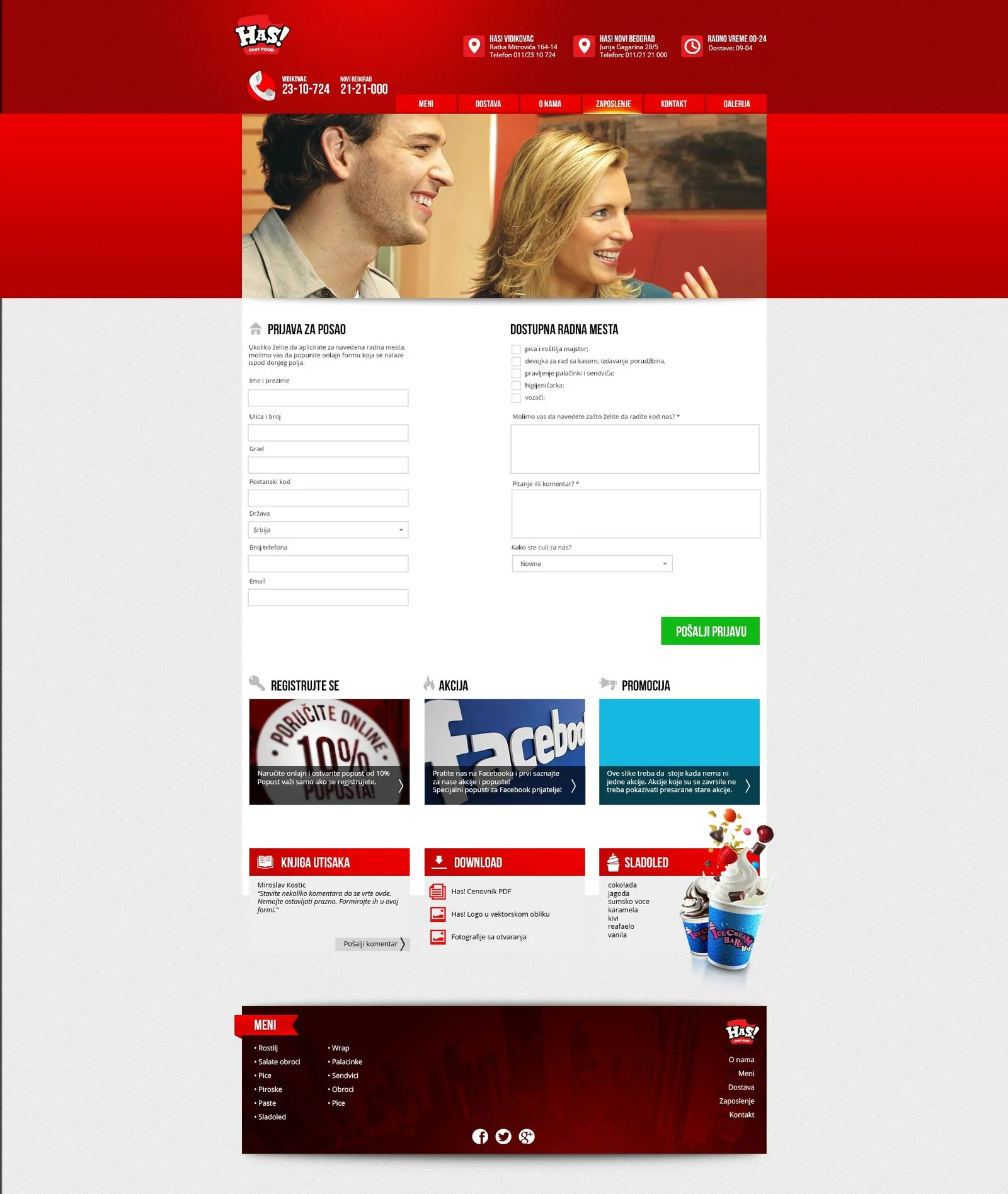 Has! Fast Food: website jobs page with open positions and an application form