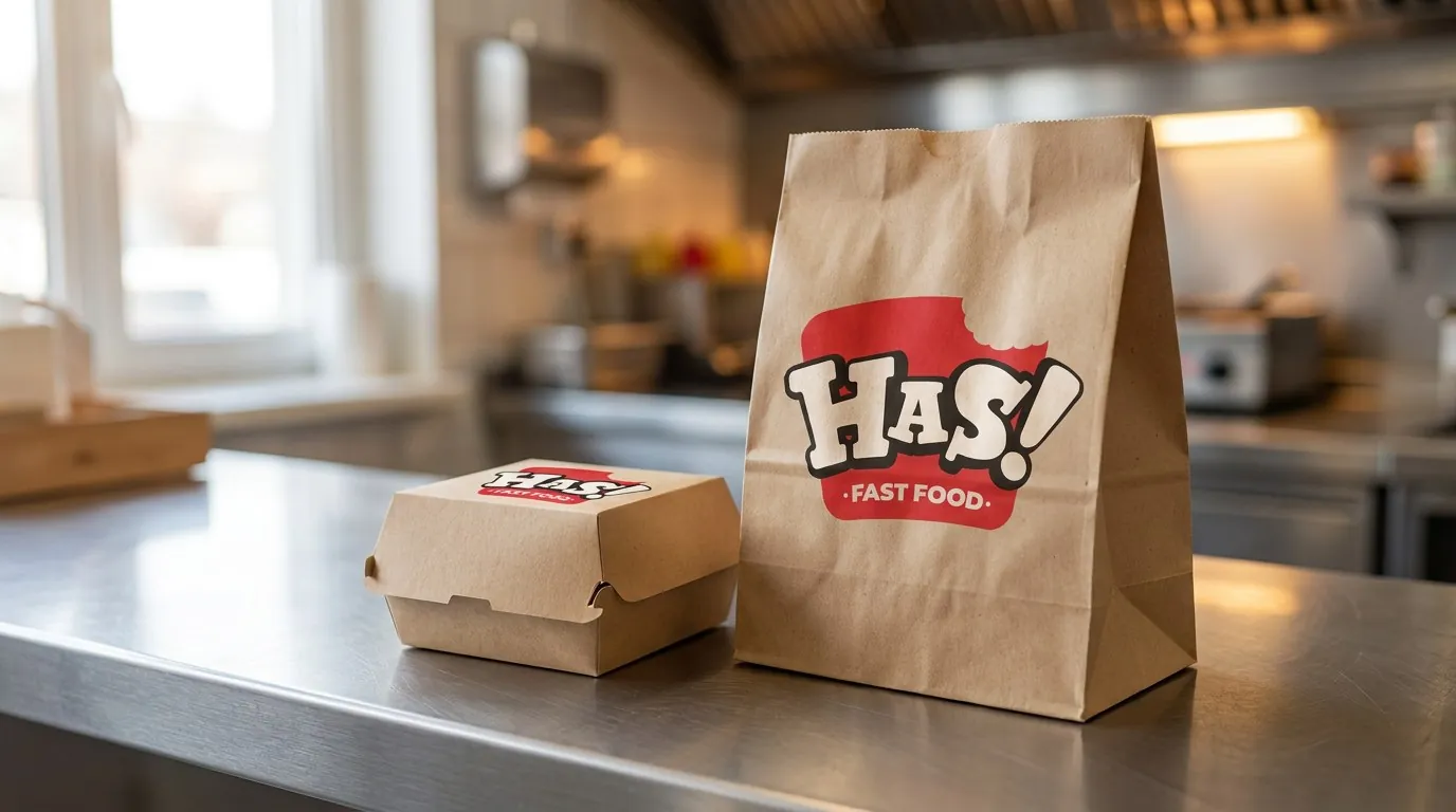 Has! Fast Food: the logo on a takeaway bag and burger box