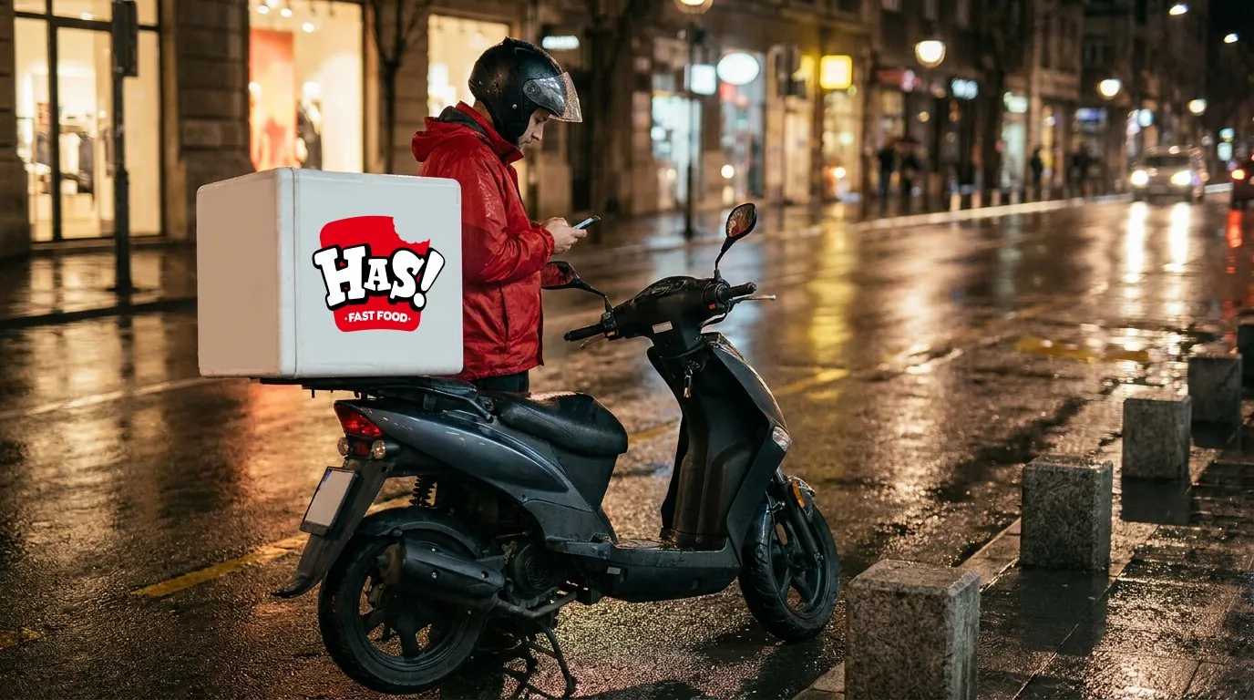 Has! Fast Food: the logo on the box of a delivery scooter on a Belgrade street at night