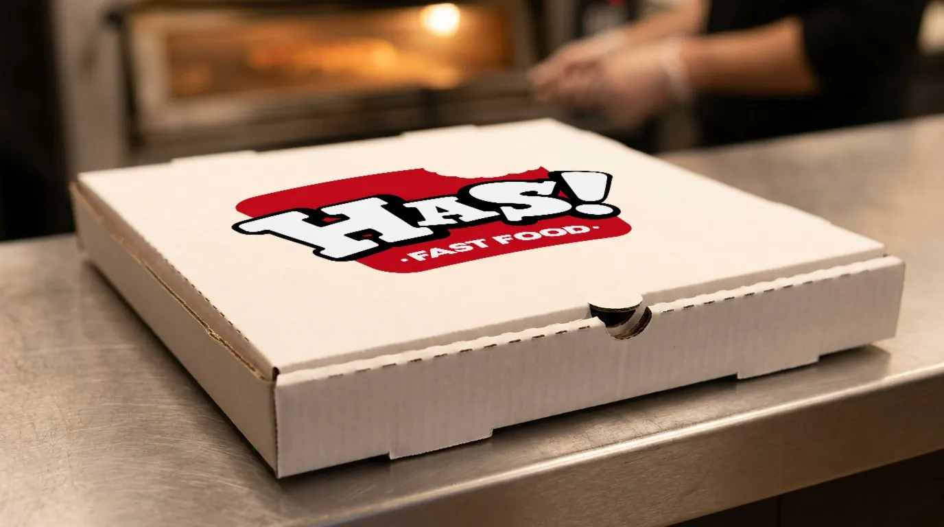Has! Fast Food: the logo printed on the lid of a white pizza box on the kitchen counter, the oven glowing behind