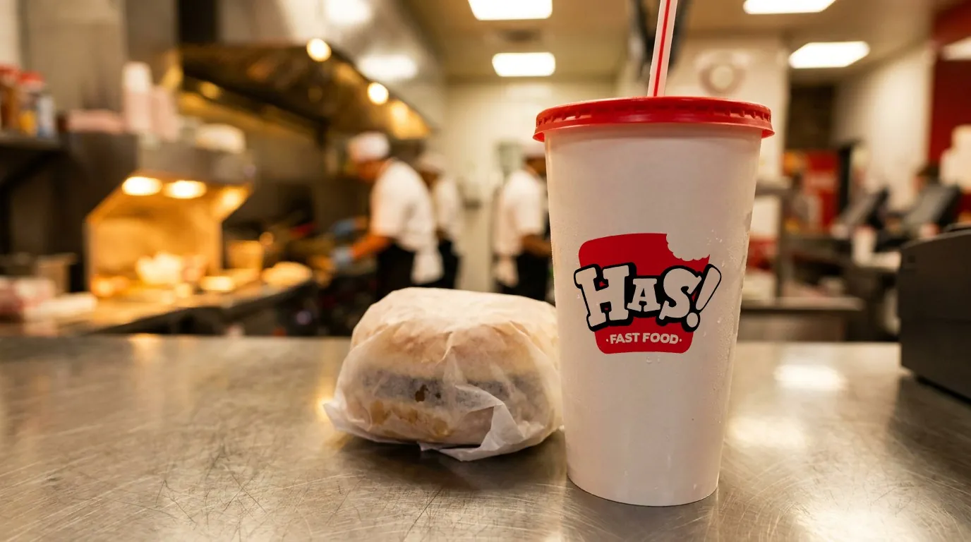 Has! Fast Food: the logo printed on a white paper soft-drink cup with a red lid and a striped straw, beside a wrapped burger on a steel counter, the kitchen and cooks blurred behind