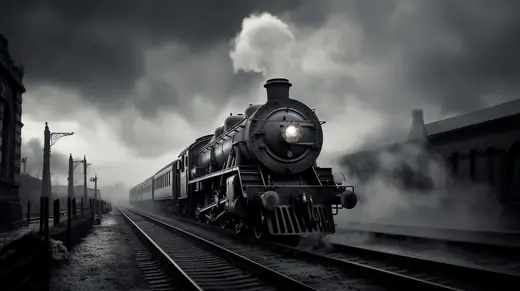 Marshaling Yard: A steam locomotive coming out of the smoke on the yard