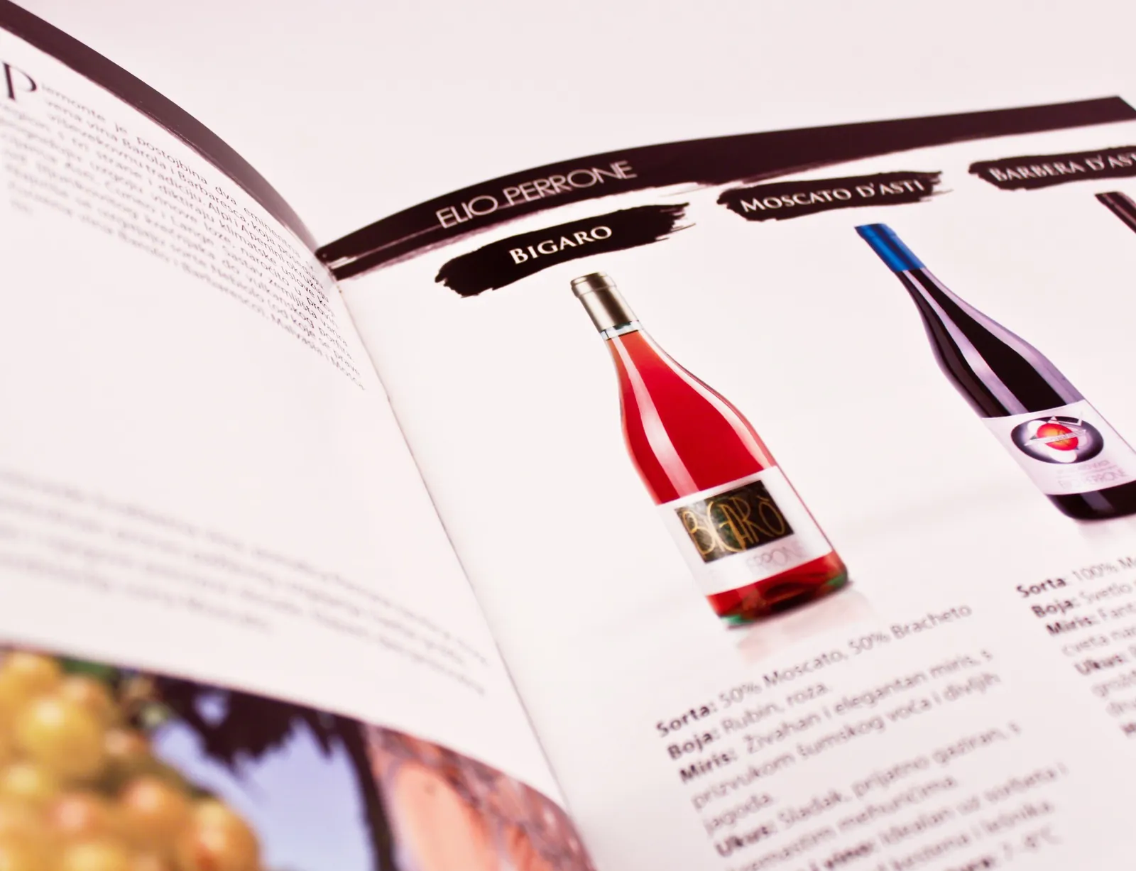 MassWine: catalogue spread with the Elio Perrone Bigaro and Moscato d'Asti bottles and their tasting notes