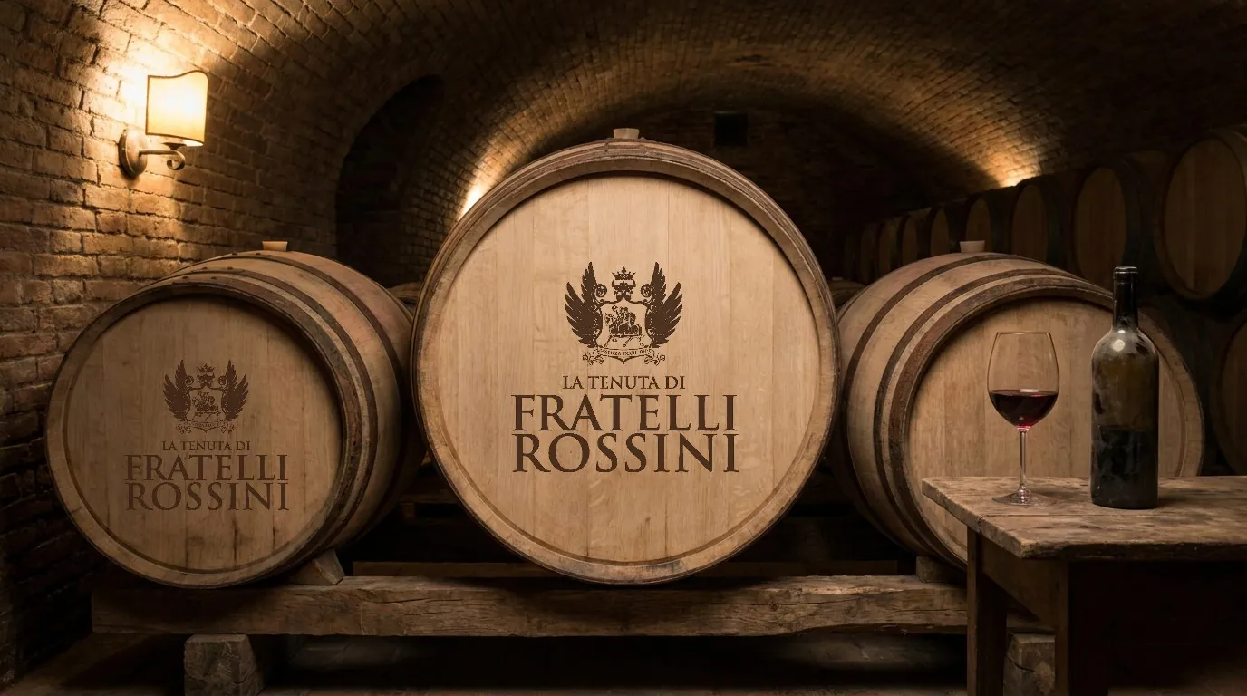 MassWine: the La Tenuta di Fratelli Rossini crest branded on oak barrels in a wine cellar