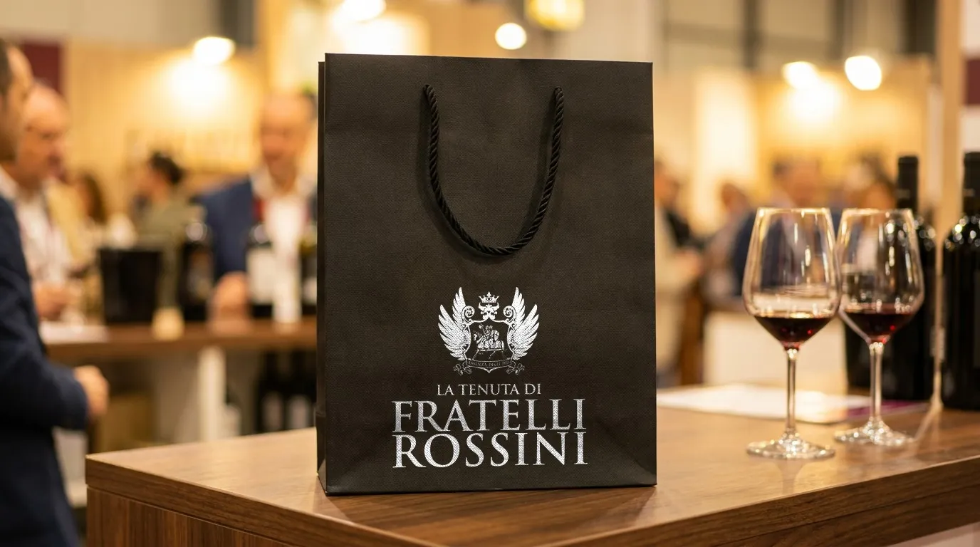 MassWine: the La Tenuta di Fratelli Rossini crest printed in white on a black wine gift bag on a tasting counter at Vinitaly in Verona