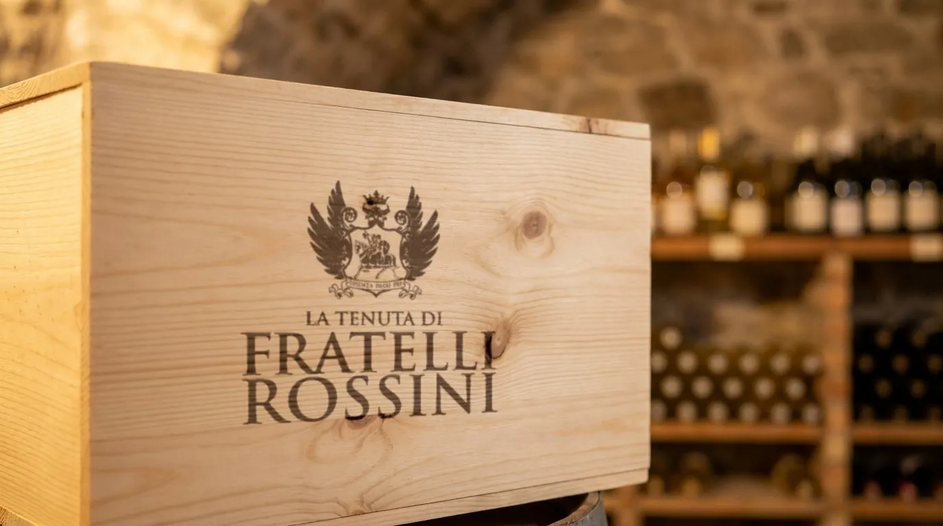 MassWine: the La Tenuta di Fratelli Rossini crest and wordmark branded in dark brown on the end of a pine wine crate in a cellar