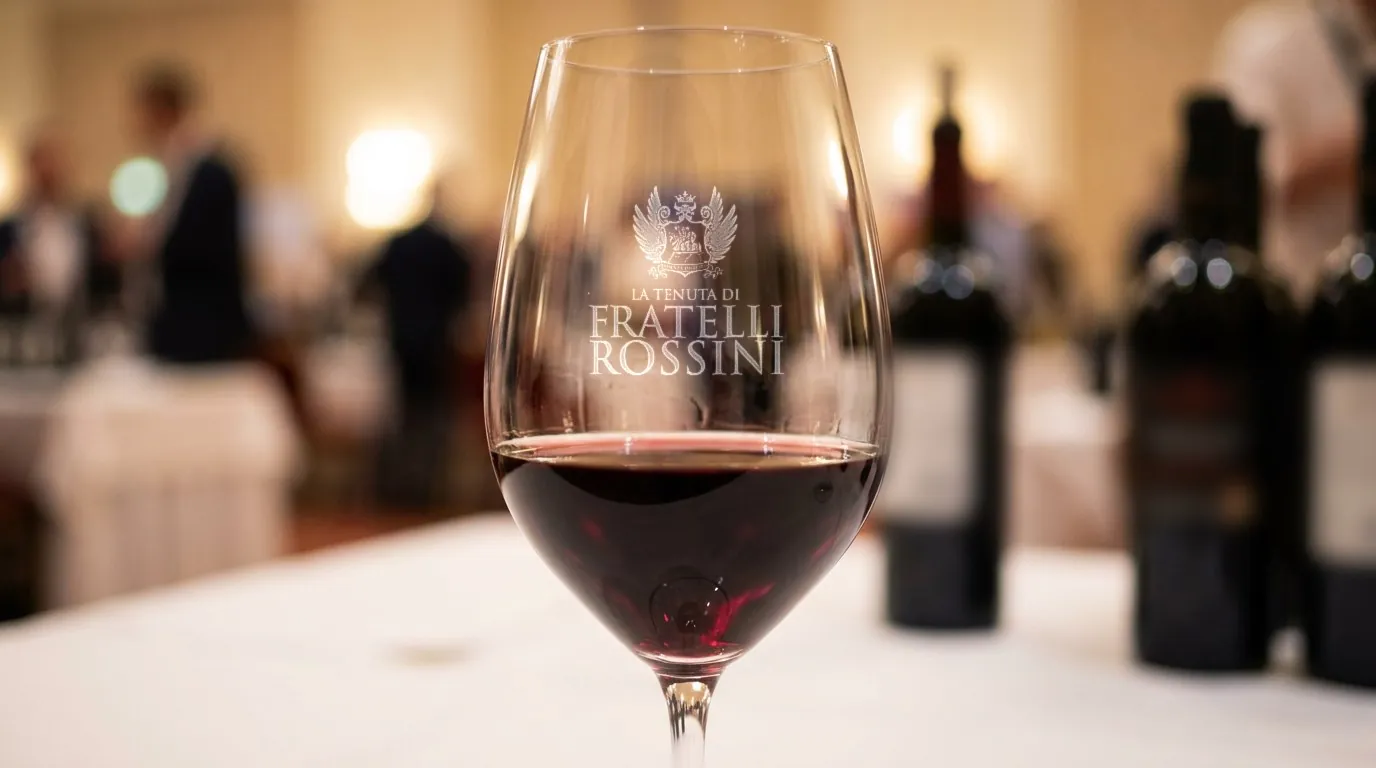 MassWine: the La Tenuta di Fratelli Rossini crest, winged shield and crown over the wordmark, etched into the bowl of a crystal tasting glass of red wine on a white tablecloth at a wine fair, bottles and visitors blurred behind