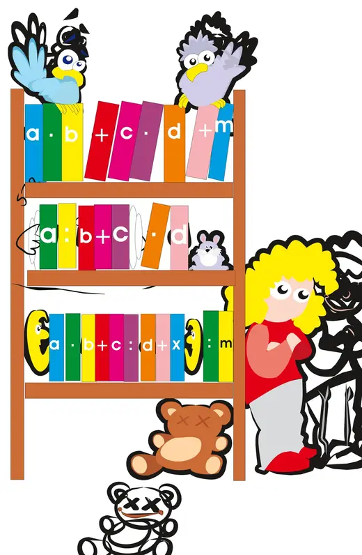 Matematika 4: Bookshelf with letter books and toys