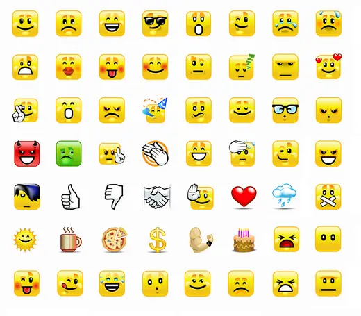 Bria emoji set of yellow faces, hands and everyday objects