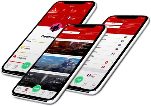 HoloFit workout app screens in red on three tilted phones