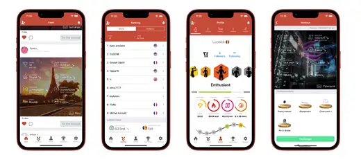 Four HoloFit app screens for the feed, rankings, profile and a workout