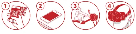 Four numbered HoloFit illustrations: QR code scan, phone, rowing machine and VR headset