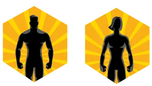 HoloFit male and female avatar silhouettes on orange hexagons